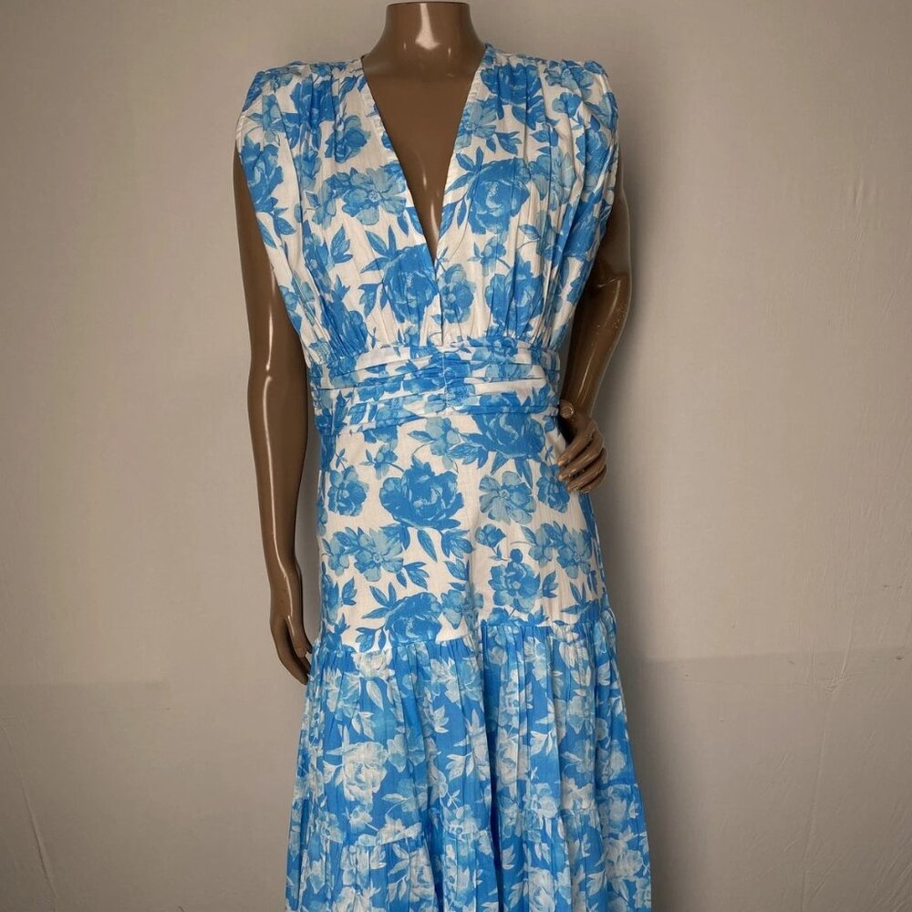 NEW BINDU Hazel Floral Tiered Midi Dress • Size XS • Blue • Sleeveless V-Neck